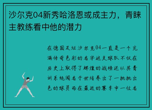 沙尔克04新秀哈洛恩或成主力，青睐主教练看中他的潜力