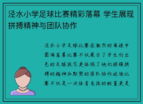 泾水小学足球比赛精彩落幕 学生展现拼搏精神与团队协作