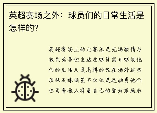 英超赛场之外：球员们的日常生活是怎样的？