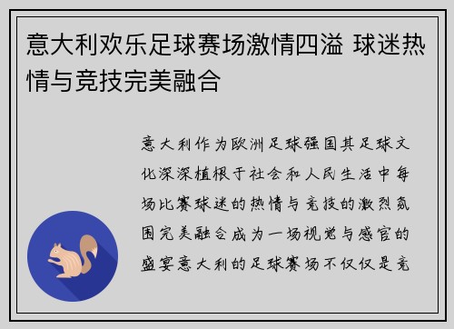 意大利欢乐足球赛场激情四溢 球迷热情与竞技完美融合