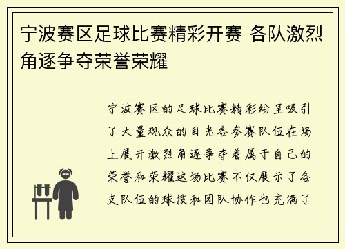 宁波赛区足球比赛精彩开赛 各队激烈角逐争夺荣誉荣耀