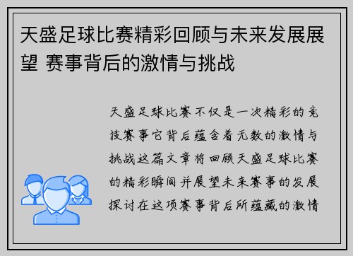 天盛足球比赛精彩回顾与未来发展展望 赛事背后的激情与挑战