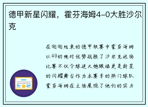 德甲新星闪耀，霍芬海姆4-0大胜沙尔克
