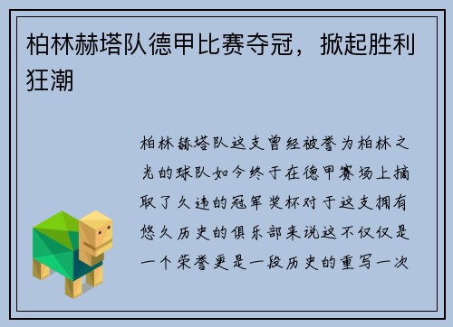 柏林赫塔队德甲比赛夺冠，掀起胜利狂潮