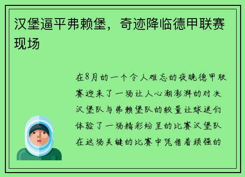 汉堡逼平弗赖堡，奇迹降临德甲联赛现场