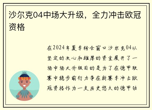 沙尔克04中场大升级，全力冲击欧冠资格