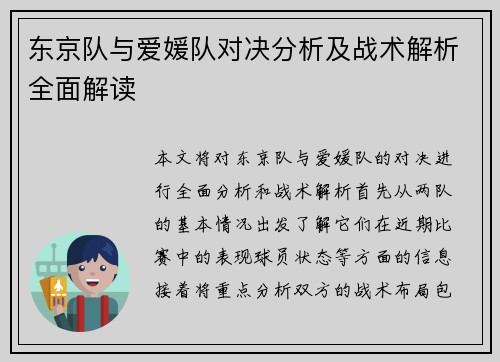 东京队与爱媛队对决分析及战术解析全面解读