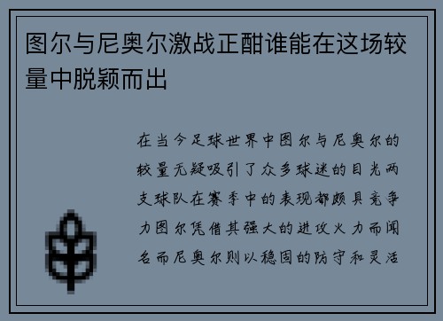 图尔与尼奥尔激战正酣谁能在这场较量中脱颖而出