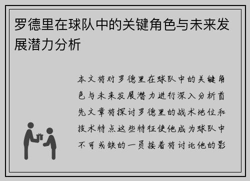罗德里在球队中的关键角色与未来发展潜力分析