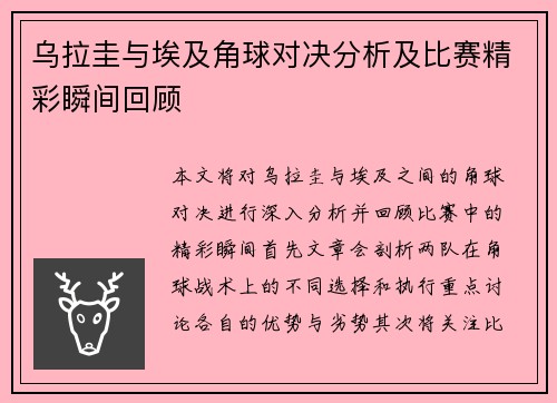 乌拉圭与埃及角球对决分析及比赛精彩瞬间回顾