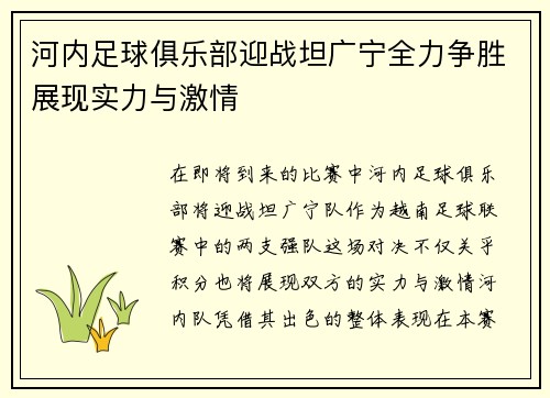 河内足球俱乐部迎战坦广宁全力争胜展现实力与激情