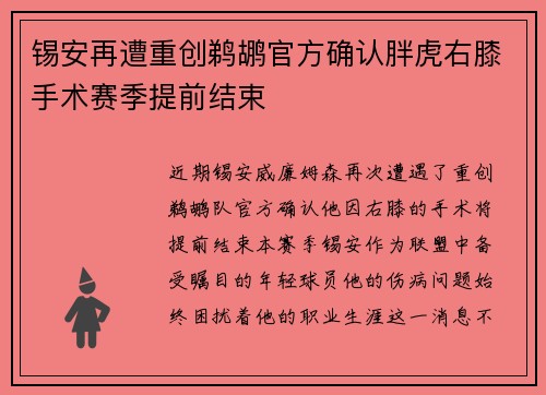 锡安再遭重创鹈鹕官方确认胖虎右膝手术赛季提前结束