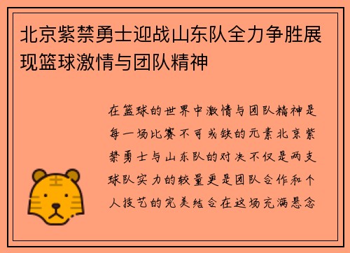 北京紫禁勇士迎战山东队全力争胜展现篮球激情与团队精神