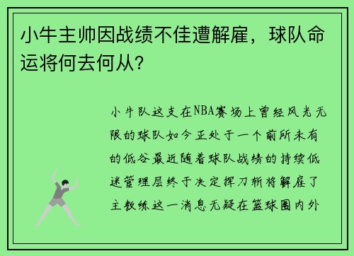 小牛主帅因战绩不佳遭解雇，球队命运将何去何从？