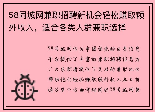 58同城网兼职招聘新机会轻松赚取额外收入，适合各类人群兼职选择