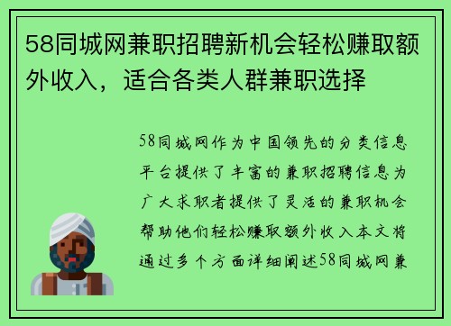 58同城网兼职招聘新机会轻松赚取额外收入，适合各类人群兼职选择