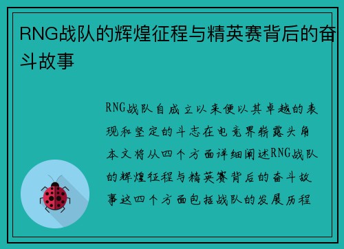 RNG战队的辉煌征程与精英赛背后的奋斗故事