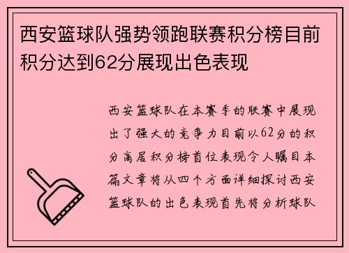 西安篮球队强势领跑联赛积分榜目前积分达到62分展现出色表现